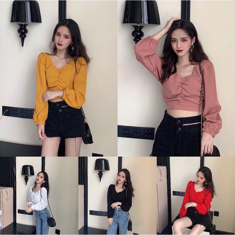 Áo kiểu cổ chữ V tay dài thiết kế quyến rũ
