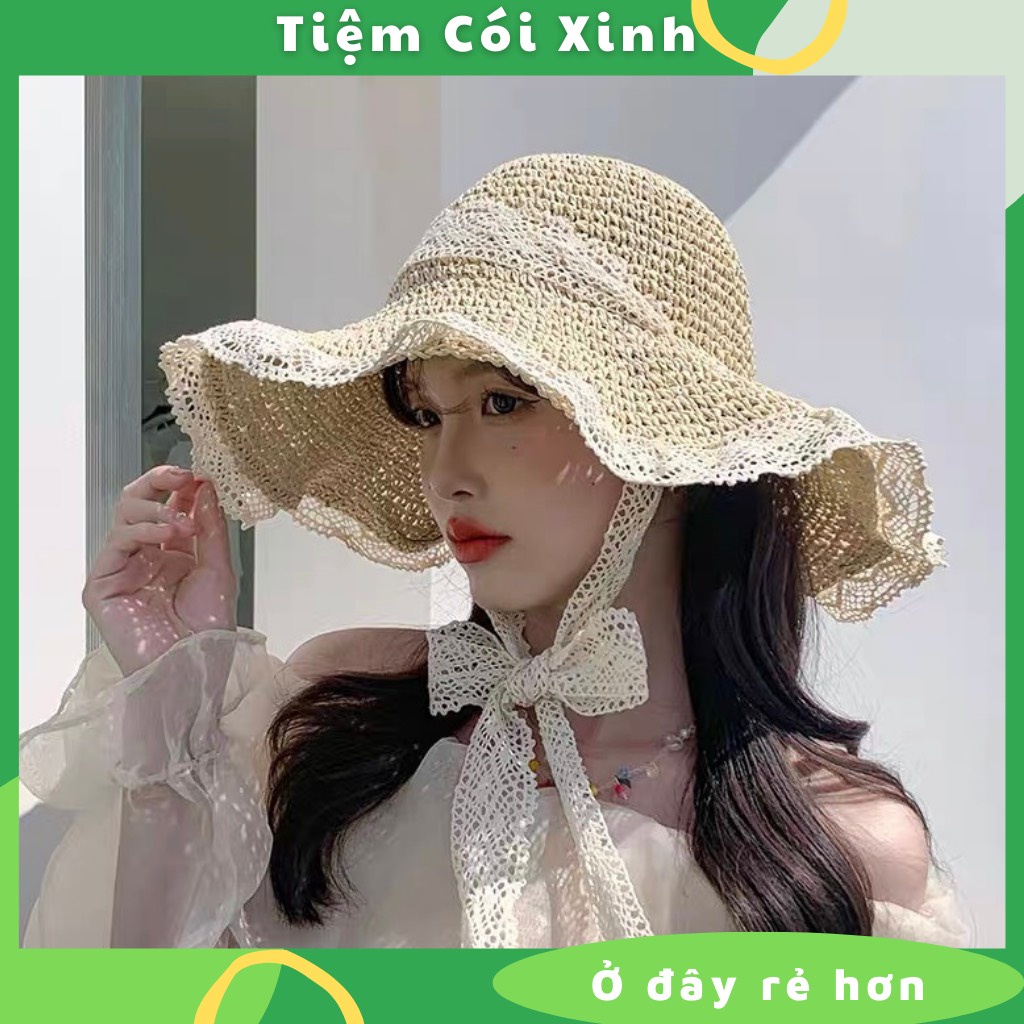 Mũ Nón Cói Móc Vintage Rộng Vành Đi Biển Viền Ren Có Dây Cột Tiểu Thư Dễ Thương Cho Bạn Nữ Hottrend