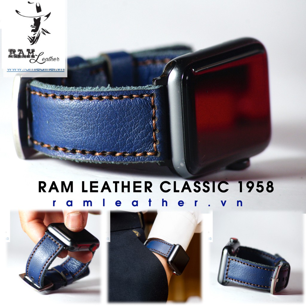 Dây đồng hồ Apple Watch , Iwatch , Iphone Watch Da Bò Mill Xanh Navy RAM Leather Classic 1958  Bền Đẹp
