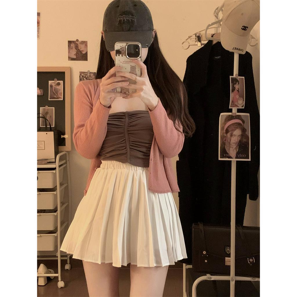 Xiaozhainv Chân Váy Chữ A Lưng Cao Xếp Ly Màu Sắc Đơn Giản Phong Cách Hàn Quốc Cho Nữ