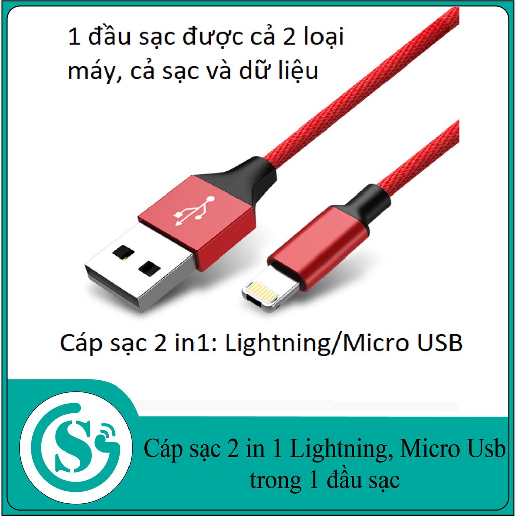 Cáp sạc 2 in 1 Lightning, Micro USB trong 1 đầu sạc