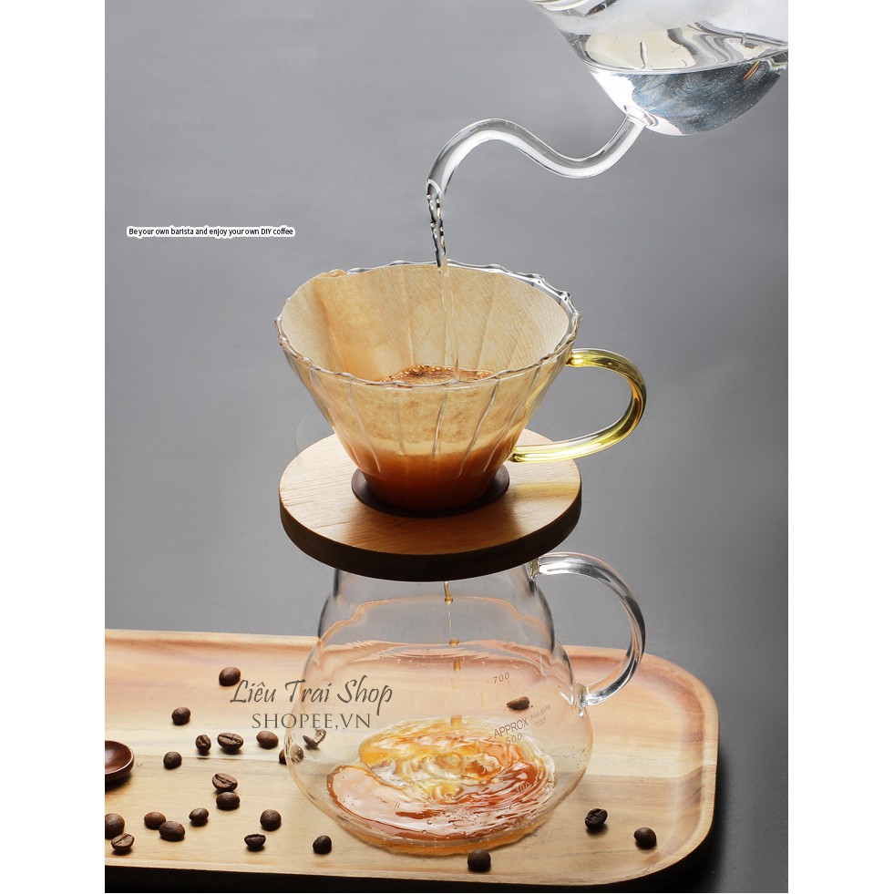 Bộ bình và phễu v60 pha cà phê giấy lọc Pour over  drip brew giá gỗ tròn gioăng silicone có quai