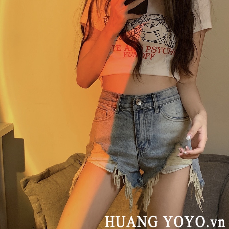 HUANG YOYO Quần Short Jeans Rách Lưng Cao Thời Trang Cho Nữ