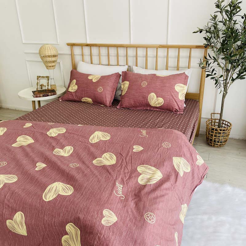 Bộ chăn ga gối cotton poly lidaco tim vàng SP001313