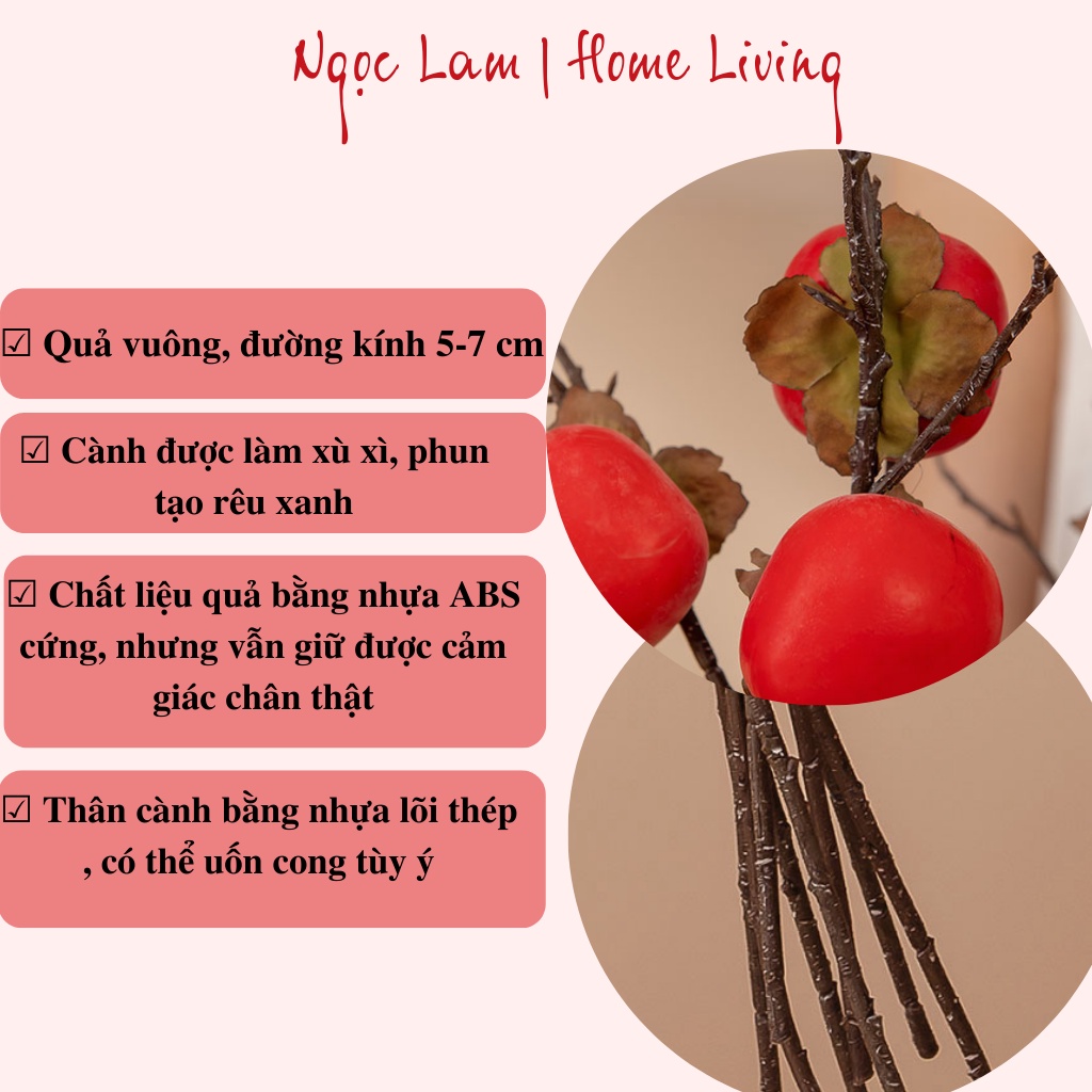 Cành quả hồng giả chất liệu cao cấp 6 quả màu sắc tự nhiên trang trí phòng ngủ phòng khách quán cafe nhà hàng
