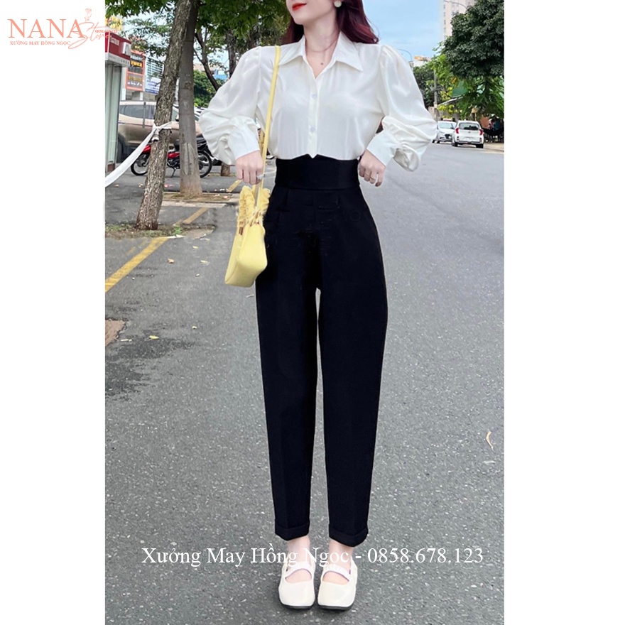 Quần tây lưng cao cạp V bản to ống baggy đứng khóa sau hông màu Đen dáng quần vải nữ công sở cạp cao đi học duyên dáng