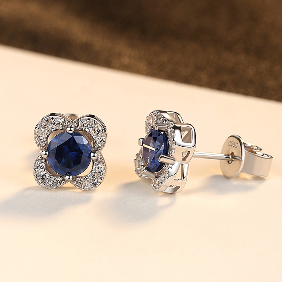 Khuyên Tai Bạc Nữ Hình Bông Hoa Bốn Cánh Đính Đá Xanh Đen Sang Trọng B2393-Bảo Ngọc Jewelry