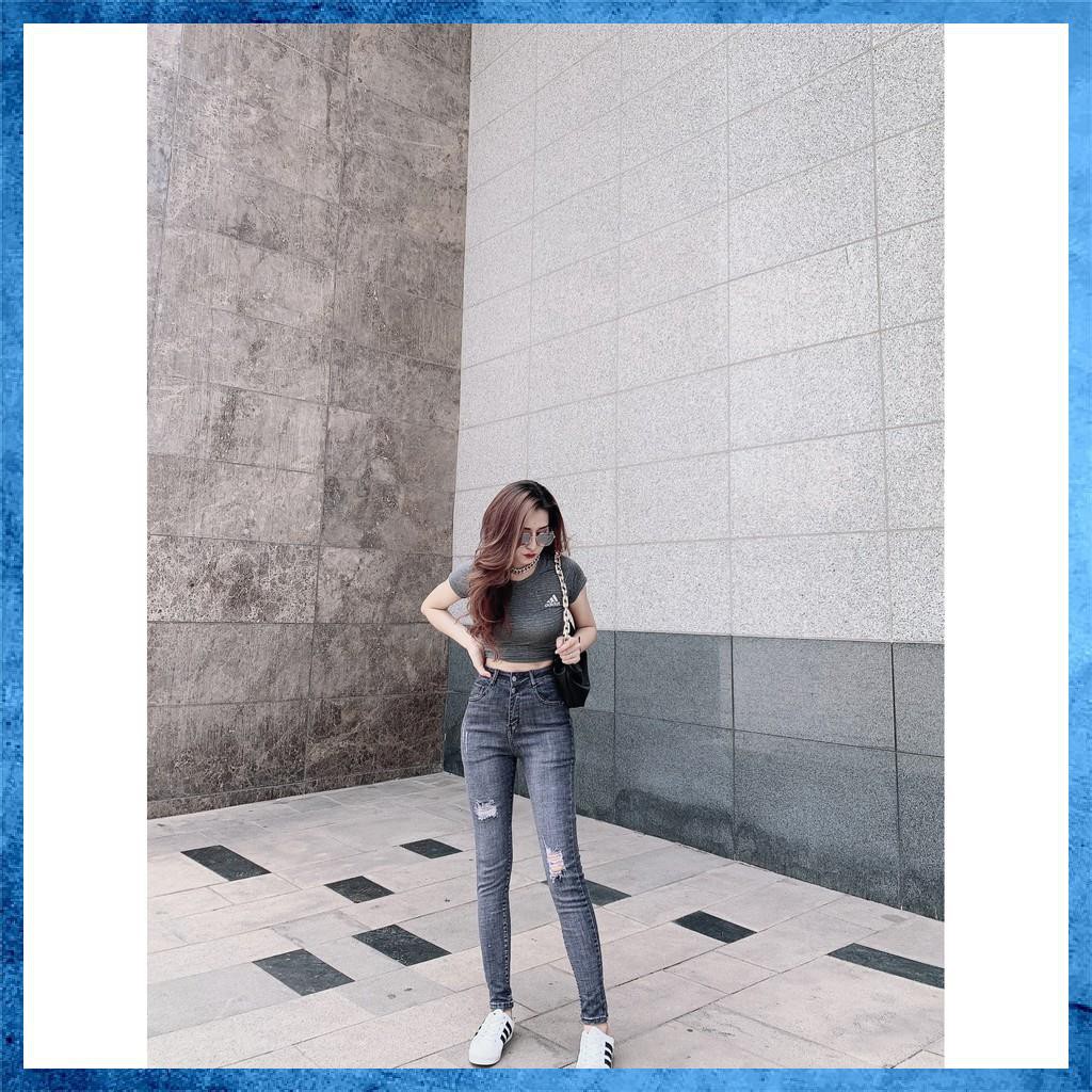 [Jeans nữ thiết kế] Quần bò dài rách, quần skinny jeans lưng cao túi chéo màu khói xám. Mã D5150