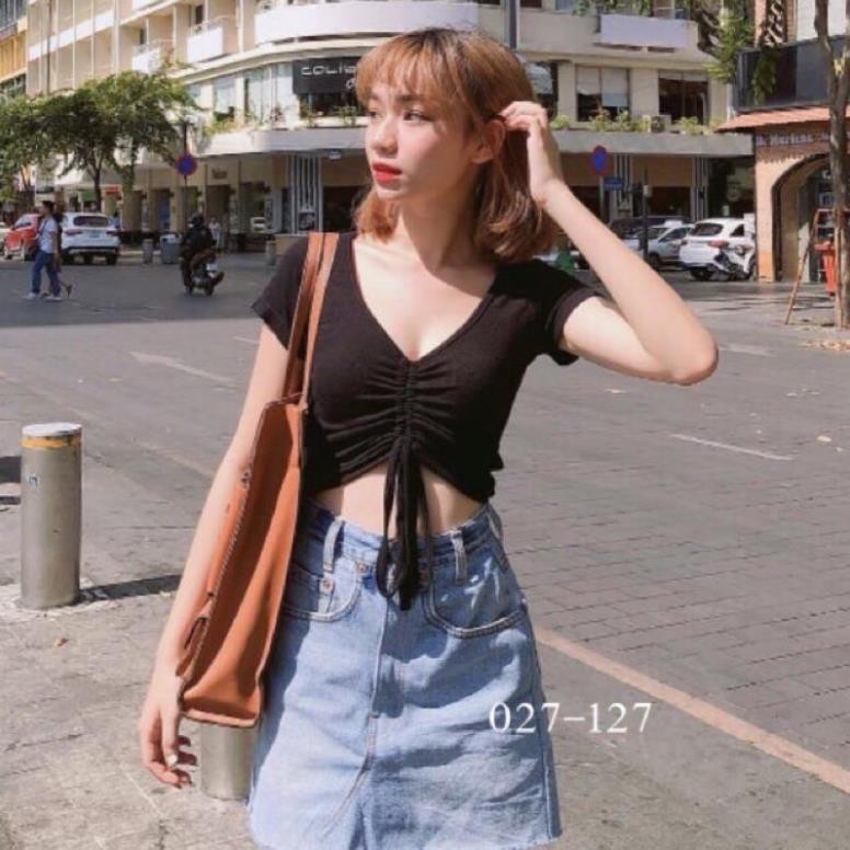 Áo Croptop Rút Dây Ngực Cổ Tim Tay Ngắn Đen Trắng Hồng Vàng Xanh Tím Nude N25