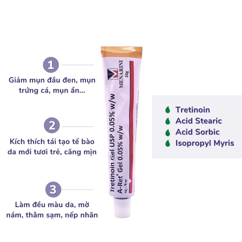 Gel dưỡng giảm mụn, chống lão hóa da Tretinoin Aret Ấn Độ 20g