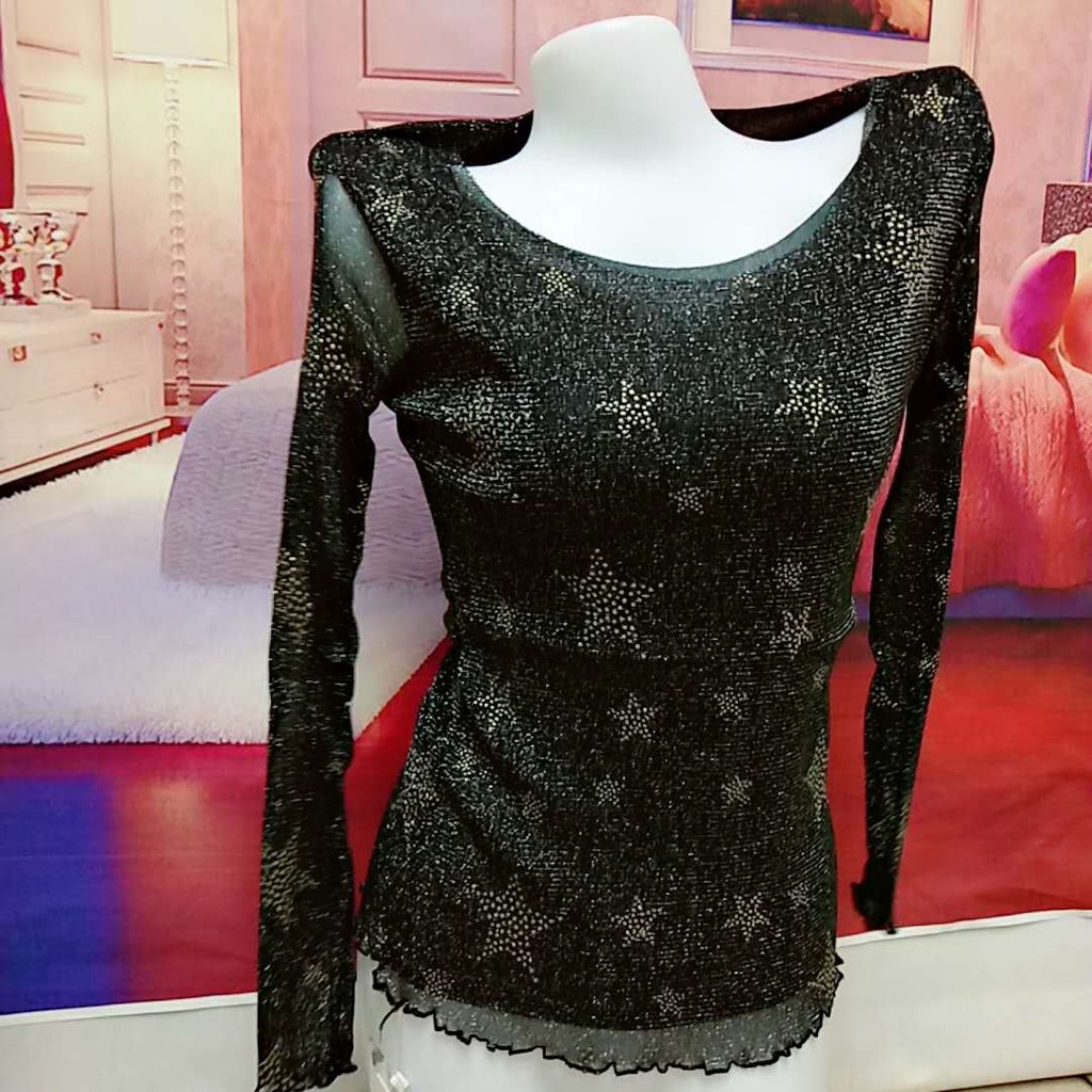 (AB2307) Áo lưới nữ họa tiết ngôi sao tay lưới cổ không viền phun kim sa | BigBuy360 - bigbuy360.vn