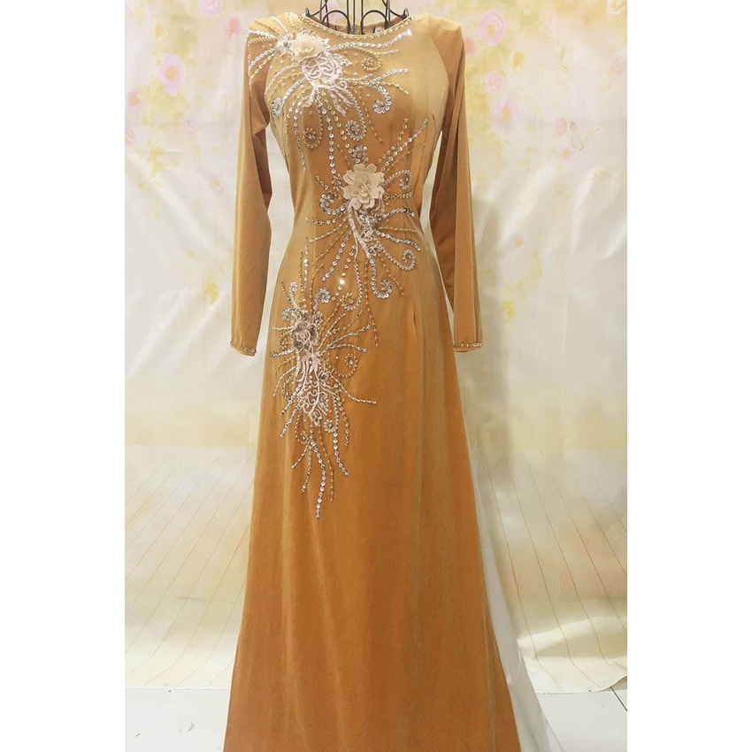 ÁO DÀI NHUNG MÀU VÀNG ĐỒNG  ẢNH THẬT 100% - CỔ CAO TT HOẶC THUYỀN