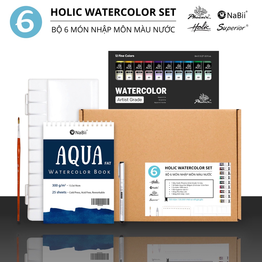 HOLIC WATERCOLOR SET (6 MÓN NHẬP MÔN MÀU NƯỚC TIẾT KIỆM - MÀU HỌA SĨ-SỔ NABII-CỌ HOLIC-KHAY PHA MÀU-BÚT LINE-CHẶN MÀU)