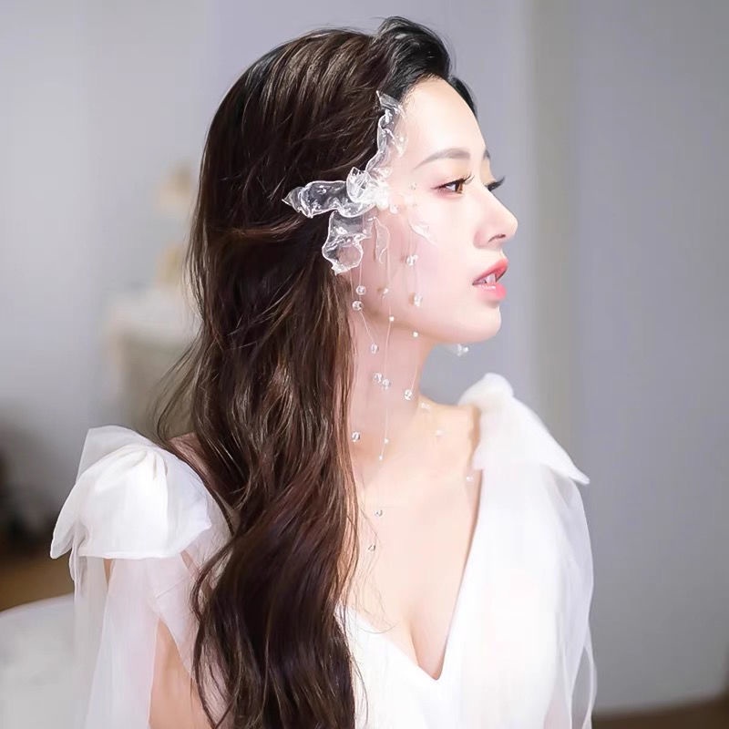 Cặp kẹp tóc tai đính đá pha lê trong suốt phong cách Nhật Hàn dành cho cô dâu