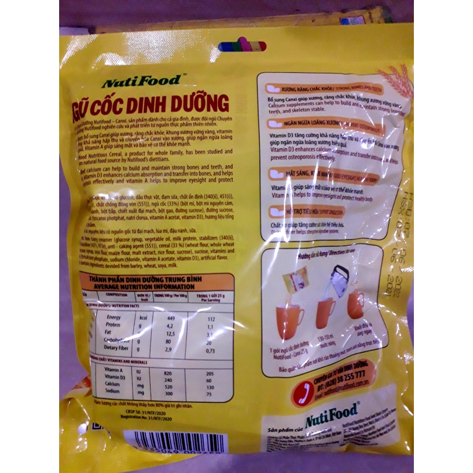 NGũ cốc dinh dưỡng Canxi nguyên cám NutiFood 500g ( 20 gói )