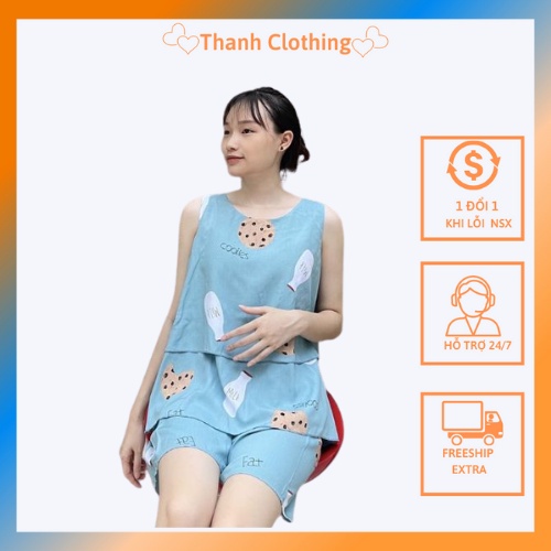 ∏♧Bộ bầu đùi, mặc nhà chất vải lanh thái mềm mát Freesize