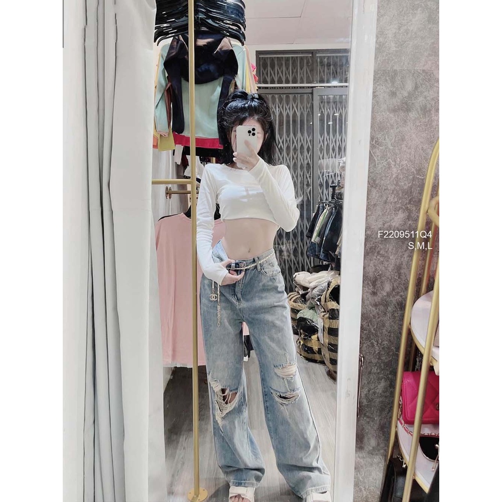 Quần jean ống suông mài rách đùi hai bên dáng dài lưng cao hàng đẹp!