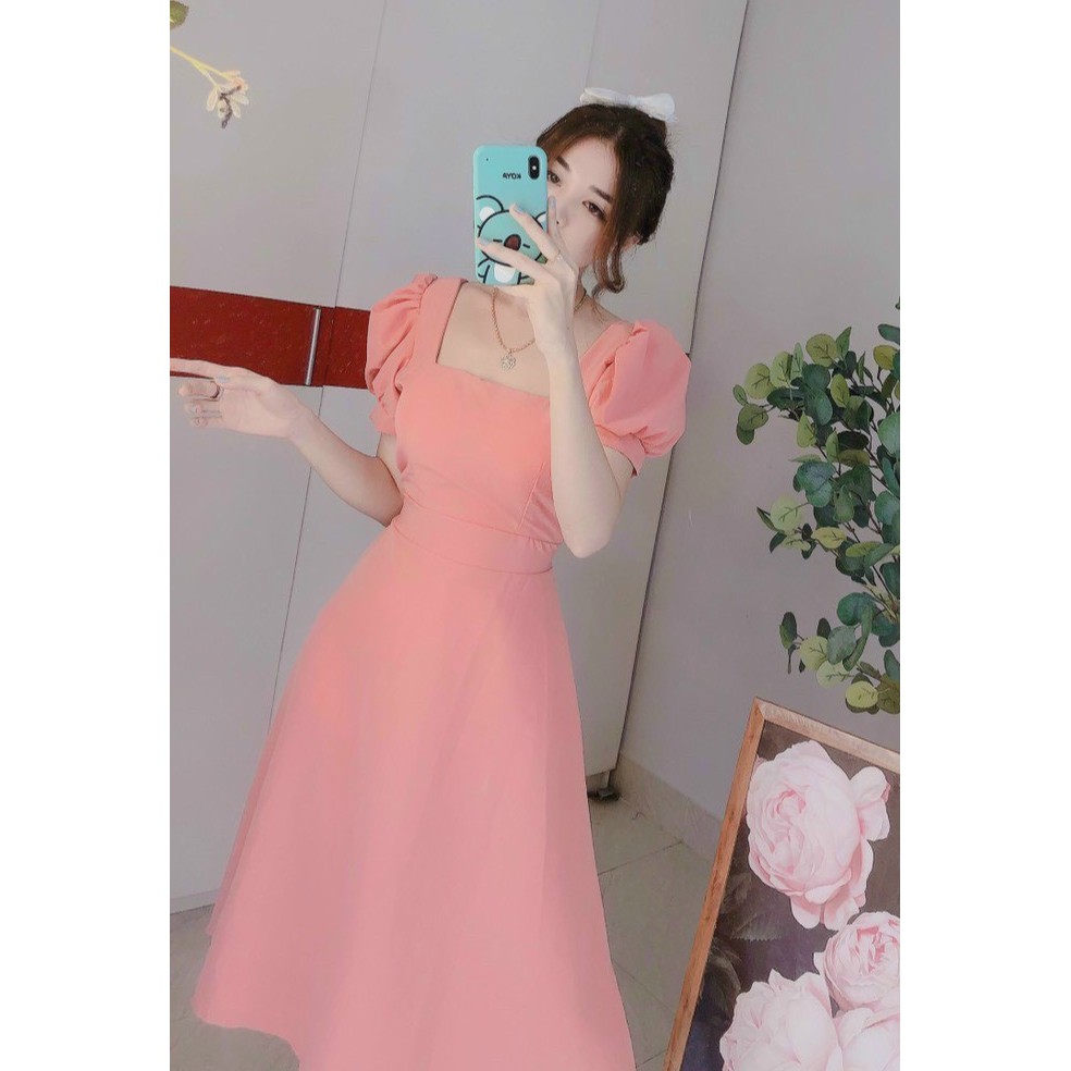 Đầm body cổ vuông tay phồng dáng A chất thun dày dặn 3 màu y hình, váy nữ xoè cổ vuông MIDORI247