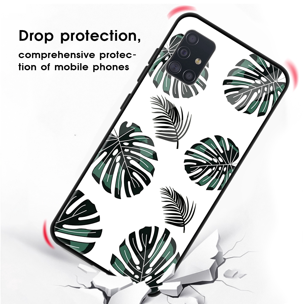 Ốp điện thoại từ silicon mặt kính cường lực in hình lá/trái tim cho Samsung Galaxy A71 A51 A20 A30 A10 Note 10 Pro Plus