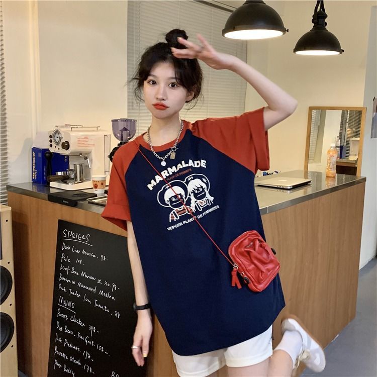 COZOK Áo Thun Ngắn Tay Dáng Rộng In Họa Tiết Tương Phản Cá Tính Kiểu Retro