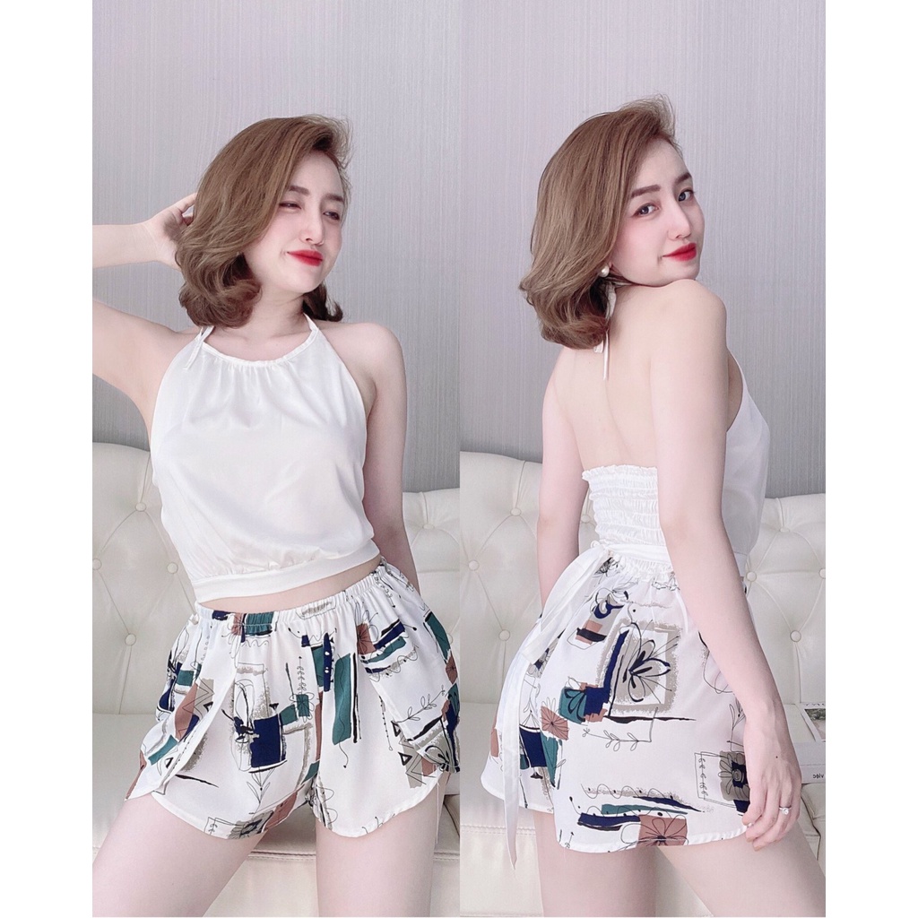 Đồ Ngủ Sexy Nữ, Bộ Yếm Lưng Thun Chất Latin Phối Mango Freesize Dưới 57Kg