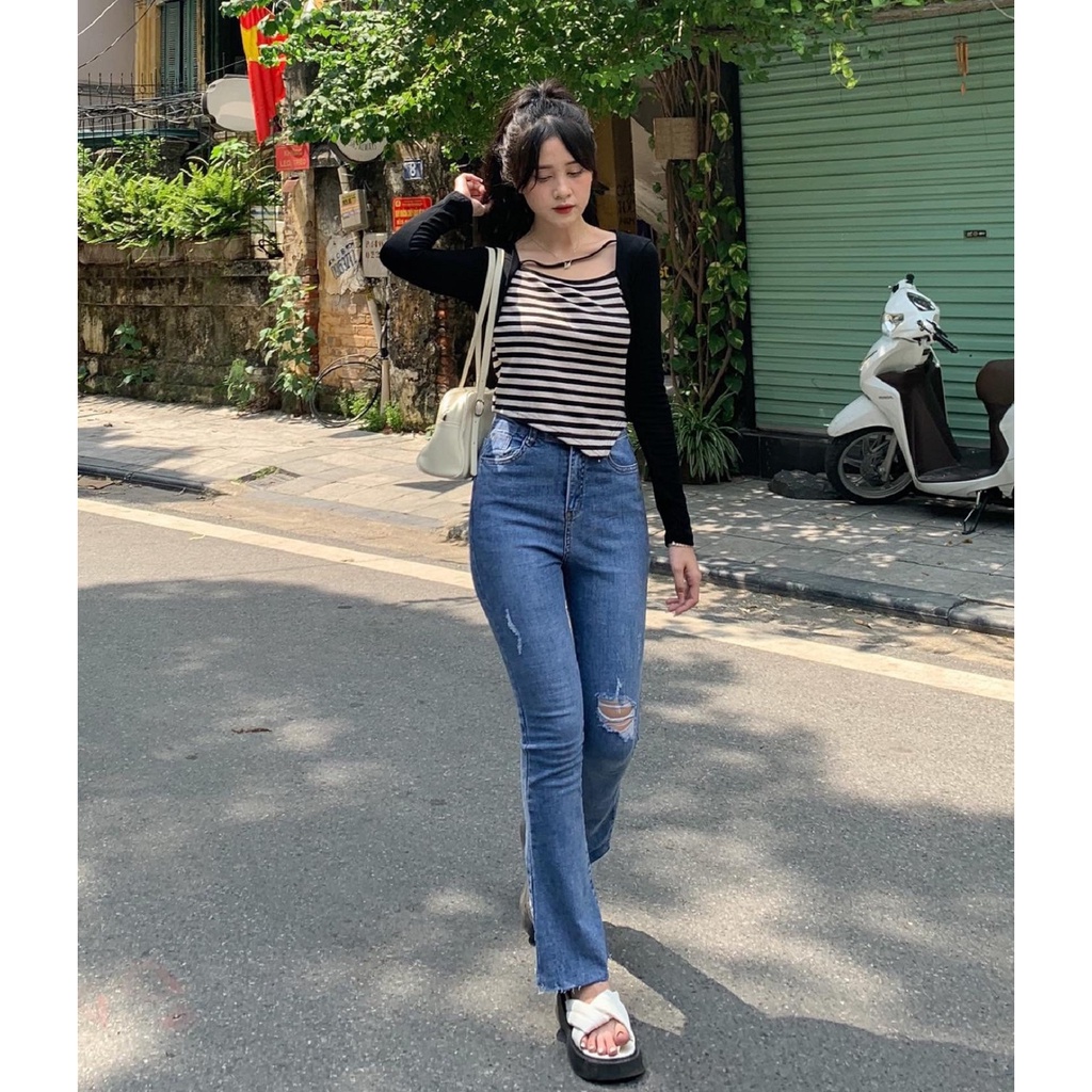 Quần jeans ống loe rách gối Q246 SUSTORE
