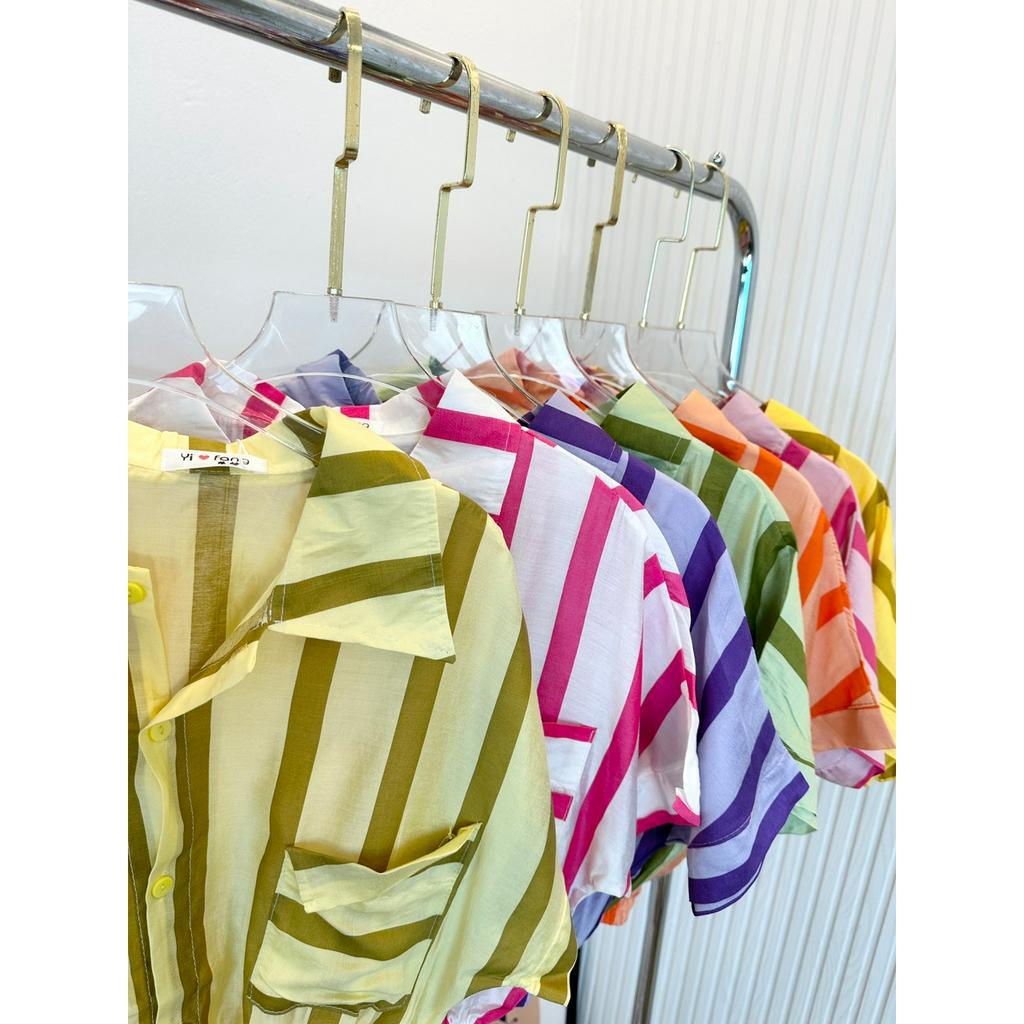 Áo sơ mi nữ cộc tay bo gấu Thoyeufashion, Sơmi kẻ nhiều màu tay hến đi biển đi chơi siêu xinh