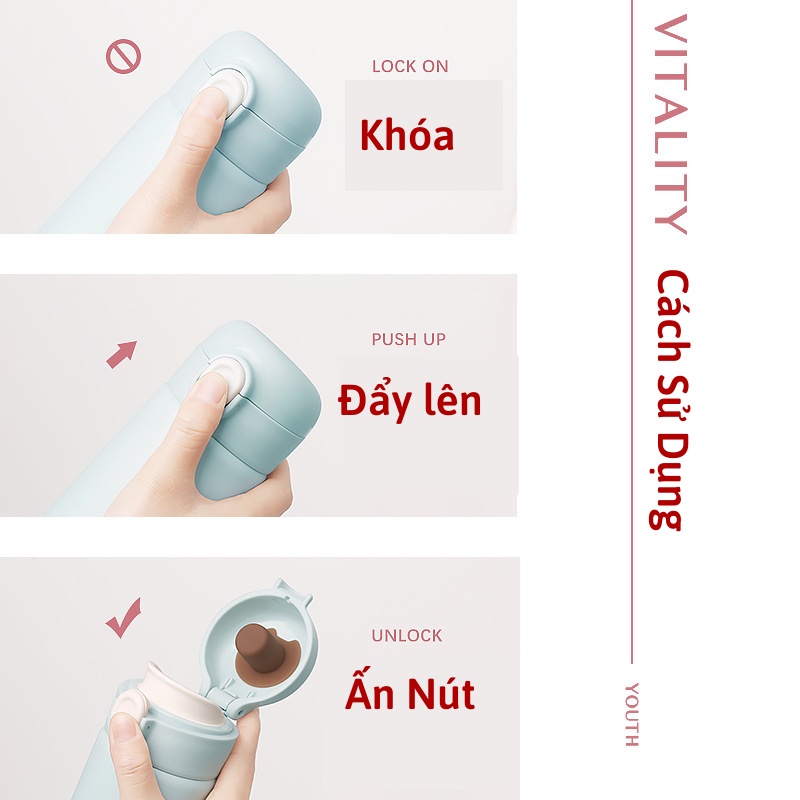 Bình giữ nhiệt mini cute đựng nước ROUSE inox 304 thép không gỉ dung tích 380ml có ống hút dễ thương