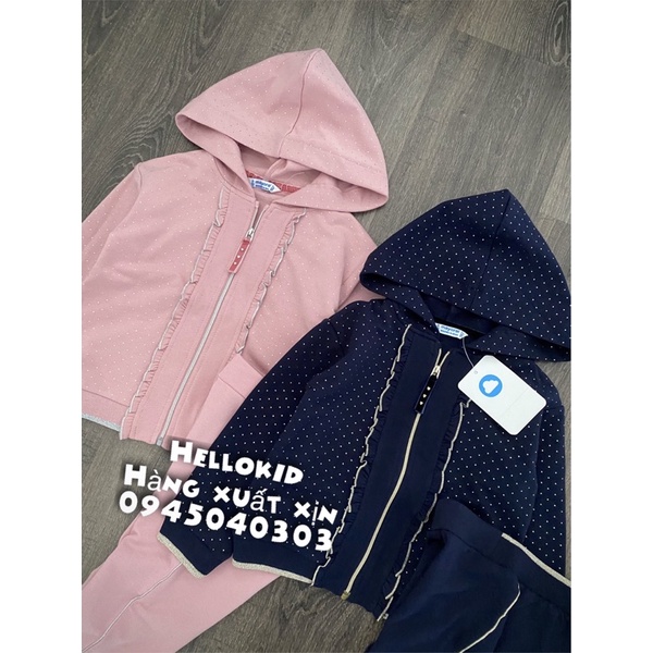 Bộ nỉ dáng hoodie kéo khoá chấm bi bé gái