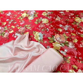 Vải gấm hoa hồng đỏ