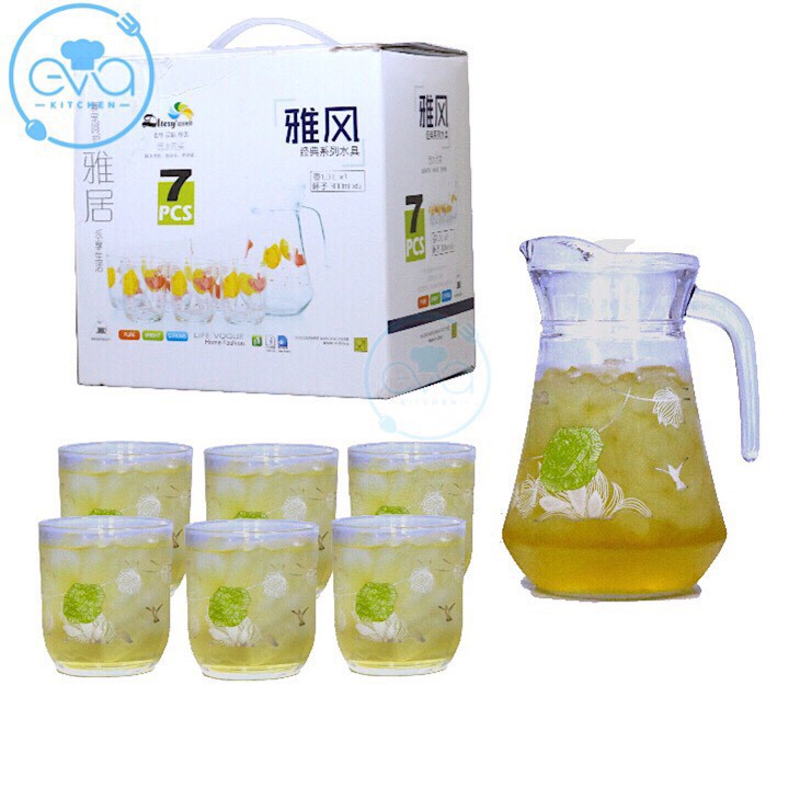 Bộ bình Và 6 Ly Bầu Lùn In Hoa Thủy Tinh Cao Cấp