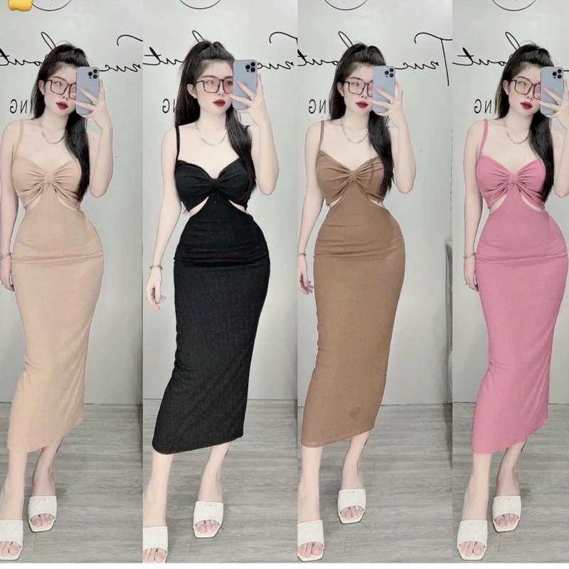 Đầm body nữ 2 dây kiểu khoét eo có mút ngực