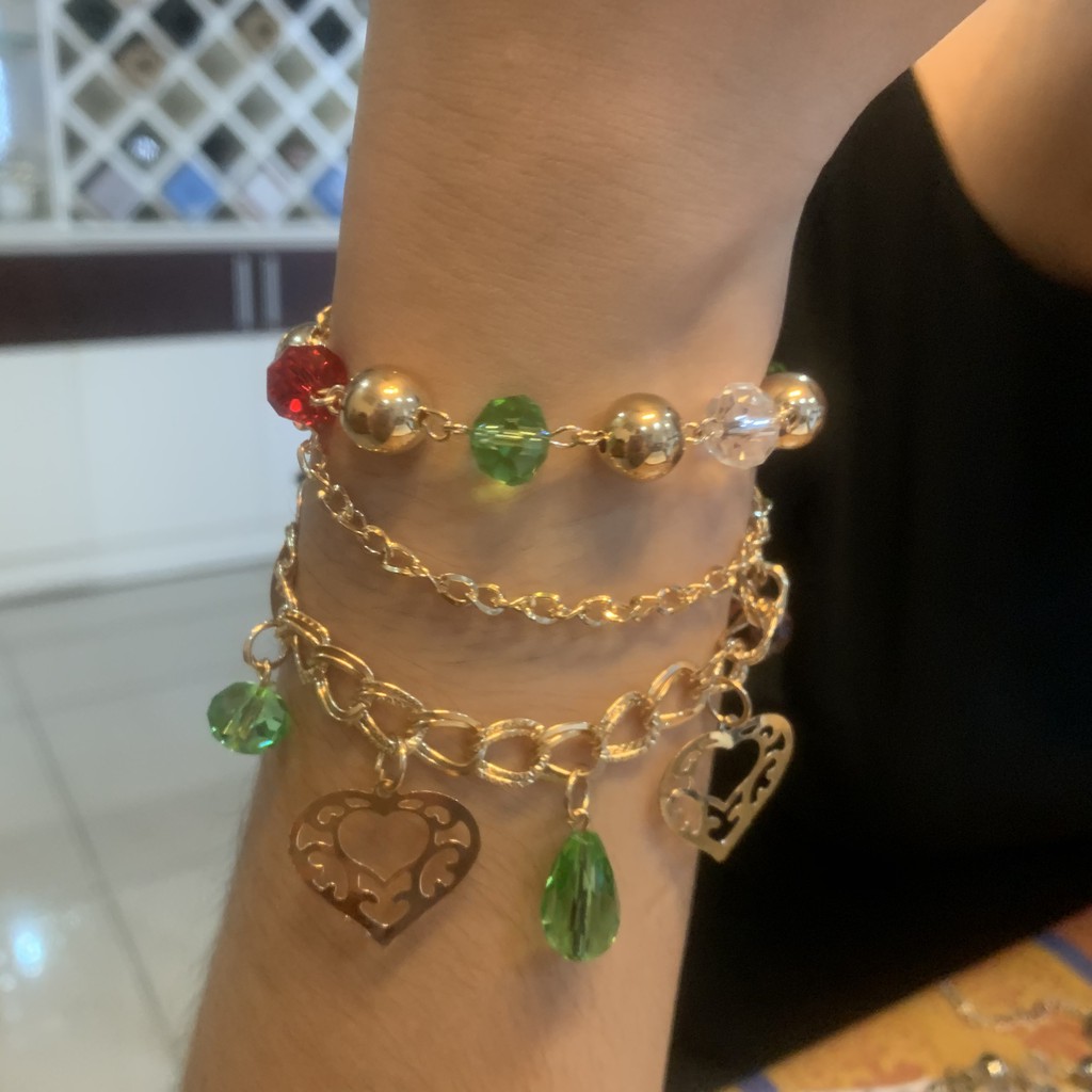 Vòng tay mạ vàng bộ 3 dây nối với nhau, vòng charm trái tim, chiếc lá và pha lê nhiều màu dễ thương mã CB12 | BigBuy360 - bigbuy360.vn