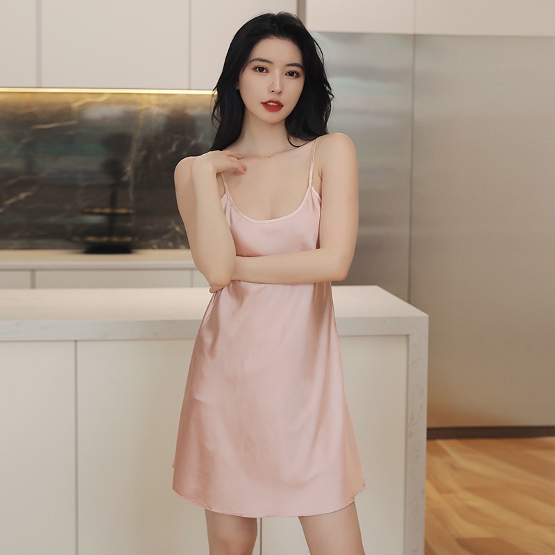 Đầm Ngủ Vải Satin Mềm Thoáng Khí Màu Trơn Gợi Cảm Cho Nữ