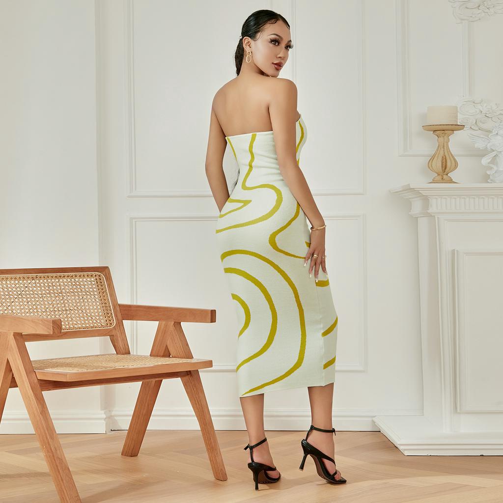 [] - Đầm Dệt Kim Dáng Ôm Dài Hở Lưng Gợn Sóng Không Dây Mặc Đi Tiệc Cocktail Cho Nữ