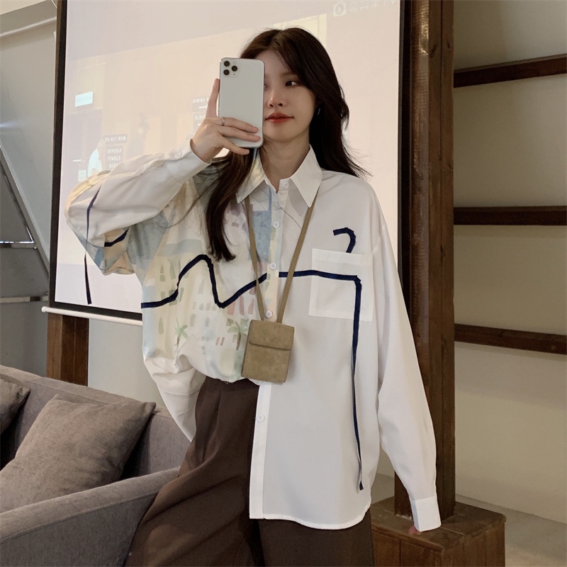 Áo sơ mi ZHELIHANGFEI dài tay dáng rộng họa tiết độc đáo thời trang dành cho nữ