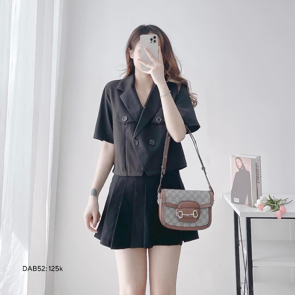 Áo sơ mi cổ vest dáng croptop kiểu Hàn Quốc túi NẮP 2 bên CHIBEST DAB52