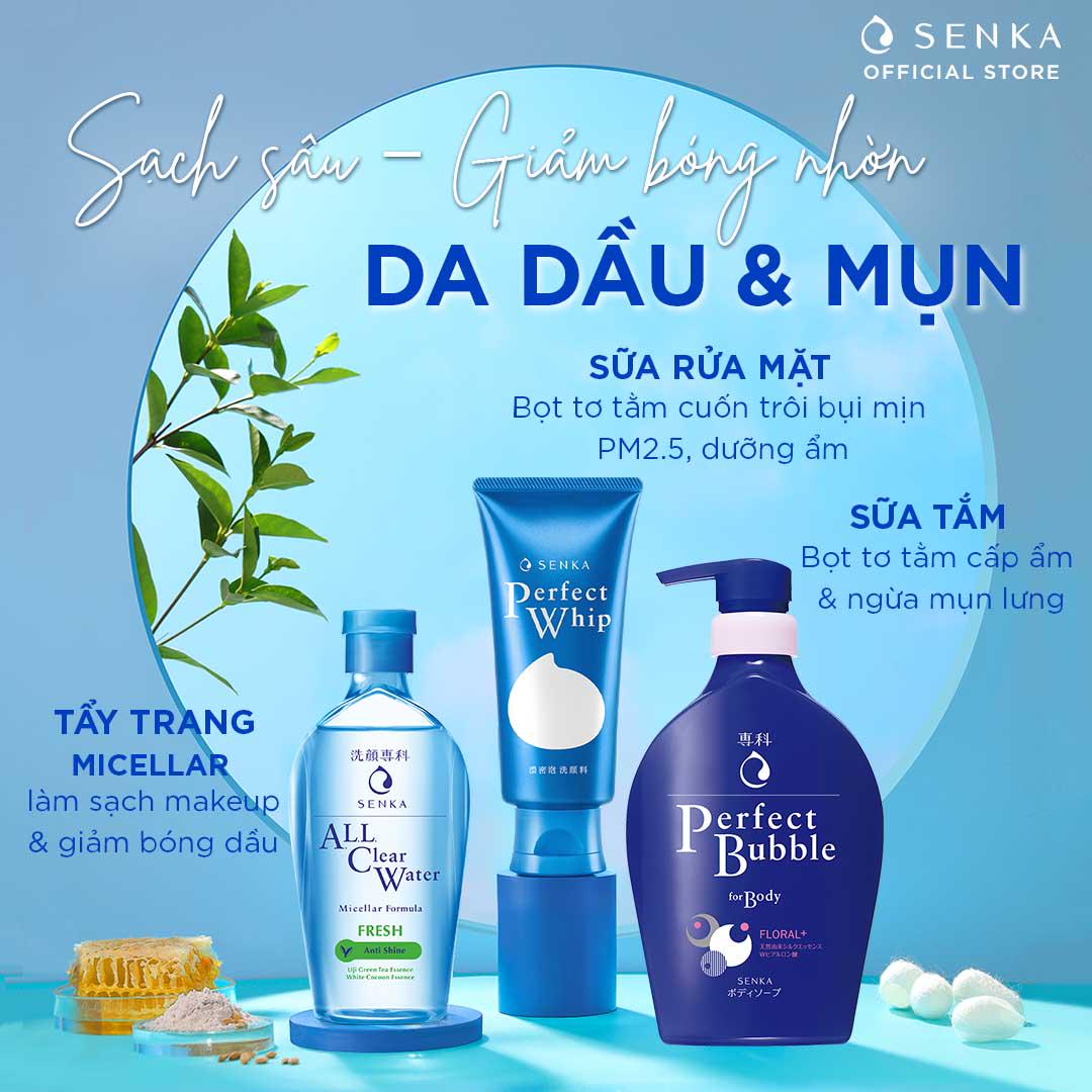 Bộ sản phẩm Senka làm sạch ẩm mịn toàn thân và da mặt (Tẩy Trang Fresh 230ml + Whip 120g + Sữa Tắm Senka tươi mát 500ml)