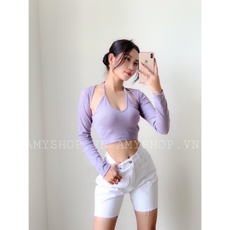 Áo croptop khoét vai cổ yếm tay dài sexy amy04