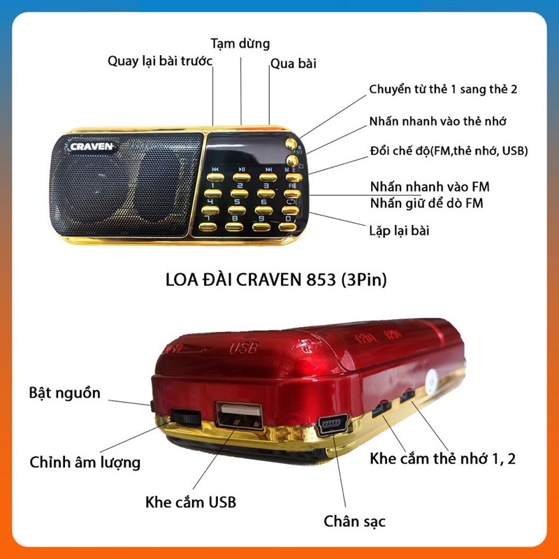 Đài Radio Dùng 3 Pin Caraven CR-853 Hỗ Trợ Khe Cắm Thẻ Nhớ USB