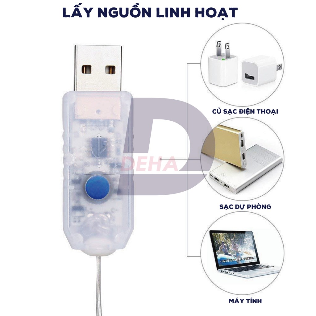 Dây đèn led đom đóm DEHA nguồn USB có điều khiển trang trí nhiều màu 8 chế độ nháy 20 mét 10 mét 5 mét