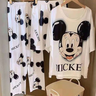 Bộ Đồ Ngủ Ba Món Tay Ngắn In Hình Chuột Mickey Hoạt Hình Thời Trang Mùa Hè Cho Nữ