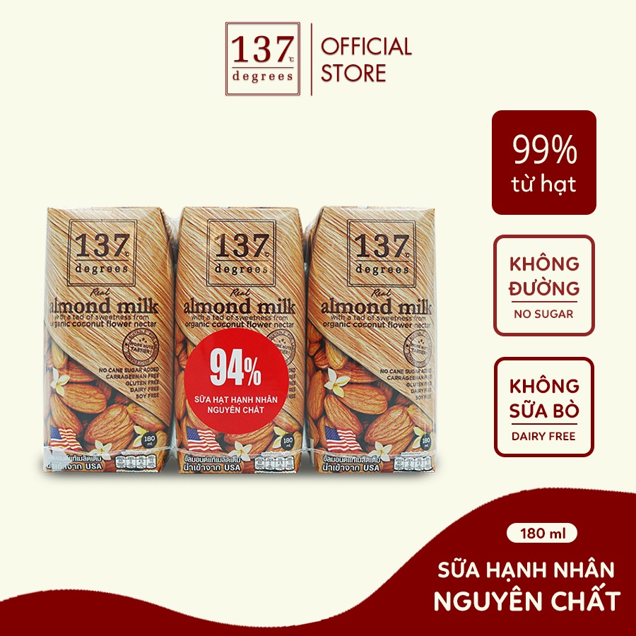 Sữa hạt Hạnh Nhân Nguyên Chất 137 Degrees 180ml (Lốc 3 hộp)