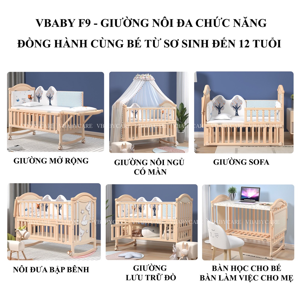 [Mã MKBC13 giảm 80k đơn 1 triệu] Giường Nôi Đa Năng Cho Bé VBABY F9 có 6 chế độ tiện lợi cho mẹ &amp; F8 MODEL 2021