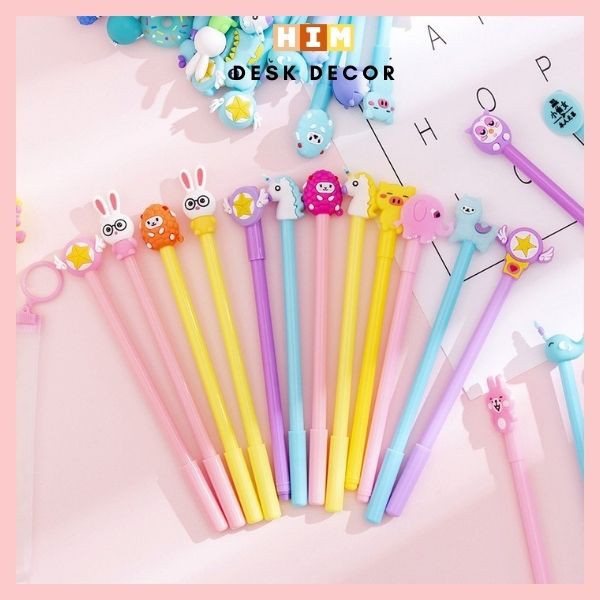 Bút nước hoạt hình dễ thương, Set 20 bút viết mực nước tặng kèm túi zip đựng đáng yêu cho học sinh làm quà tặng