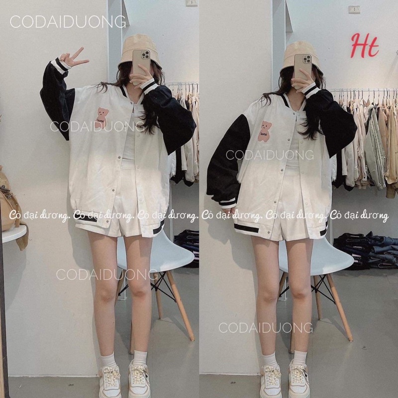 Áo Bom ber gió phối gấu chữ hồng H26