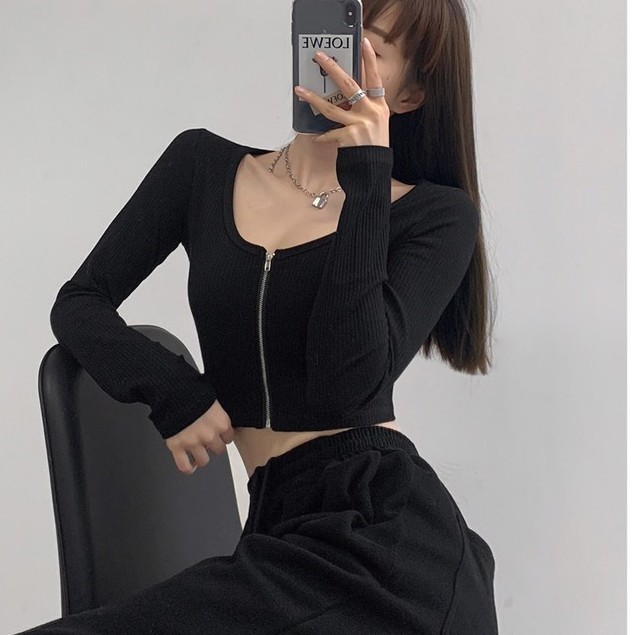 Áo Croptop Tay Dài Trơn Thiết Kế Khóa Kéo Độc Đáo Dành Cho Nữ