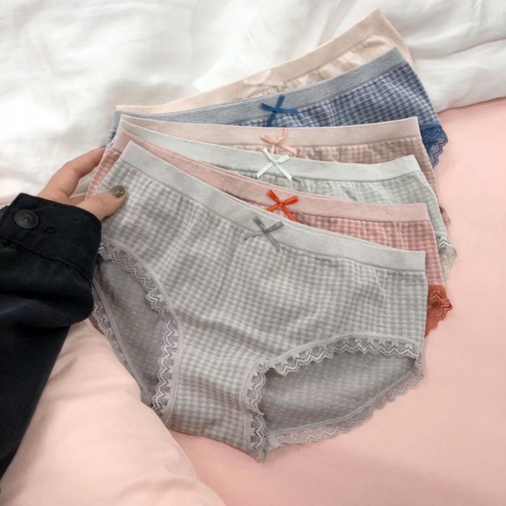[Thanh Lý] Quần lót cotton KIMCHIBIKINI kẻ caro freesize 40-55kg phối ren nơ co dãn 4 chiều ôm bụng nâng mông QL124