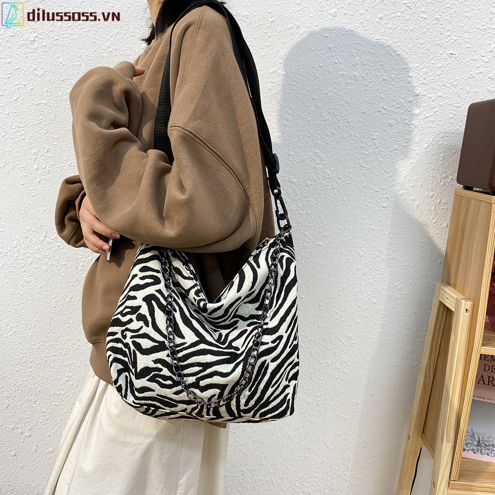 túi đeo chéo Retro Zebra Shoulder Handbag Women Canvas Big Capacity Crossbody Chain Bag