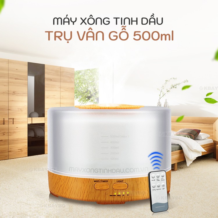 Máy Xông Tinh Dầu Trụ Tròn (Thay đèn ngủ)Phun Sương Vân Gỗ 500ml đèn led 7 màu, Khuếch Tán Tinh Dầu Tỏa Thơm (Có REMOTE)